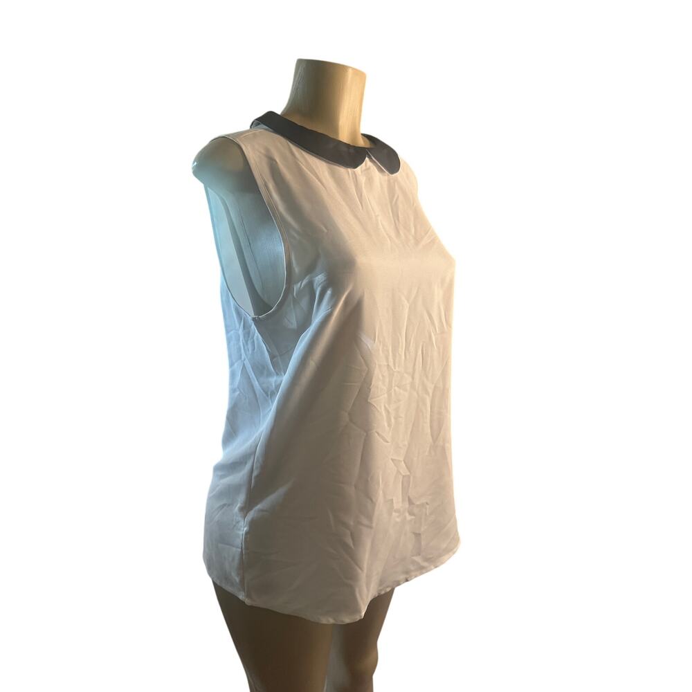 NWT Women L Ann Taylor Cream Peter Pan Faux Leather Collar Blouse Shirt Top